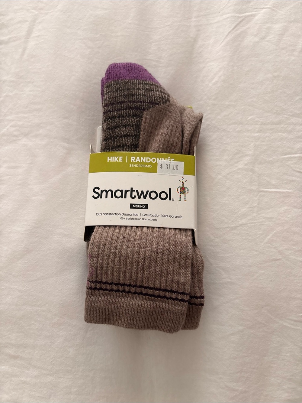 Smartwool Women’s Hike Merino Crew Socks — Taupe with Purple Accent M/L